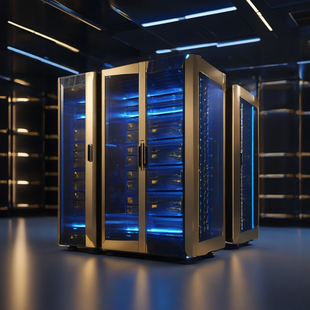Compact desktop AI inference hardware concept with blue and purple lighting