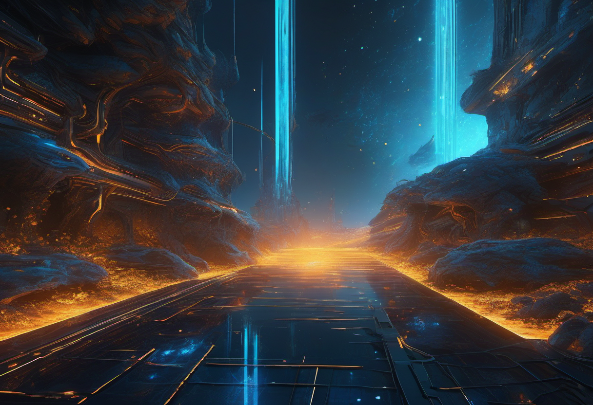 Abstract concept art of two compact edge compute units connected by a vast stream of blue cyberspace particles, representing a million-token context pool and KV cache on paired DGX Sparks. Header image.