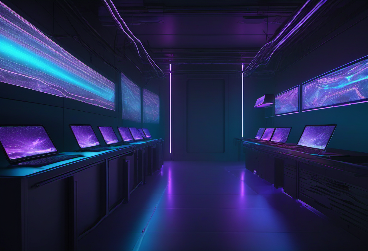 Concept art of four compact desk-side AI compute nodes on a dark workbench linked by glowing fiber-optic strands into one shared pool of light above them