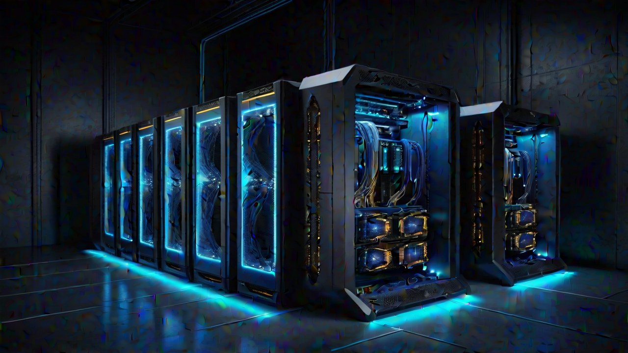 Concept illustration of four compact desk-side compute nodes in a row, linked by luminous fiber-optic strands into a single shared pool of light above a network switch