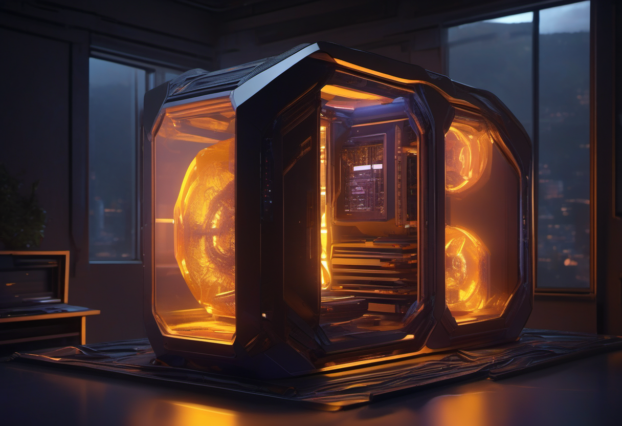 Concept art: one compact desk-side AI compute node wrapped by four translucent glowing weight-stack layers of descending height, blue-to-amber lighting