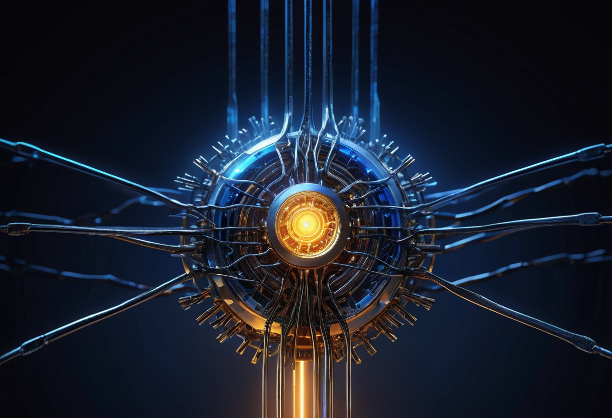 Abstract concept art of a glowing AI decision core radiating parallel decision paths