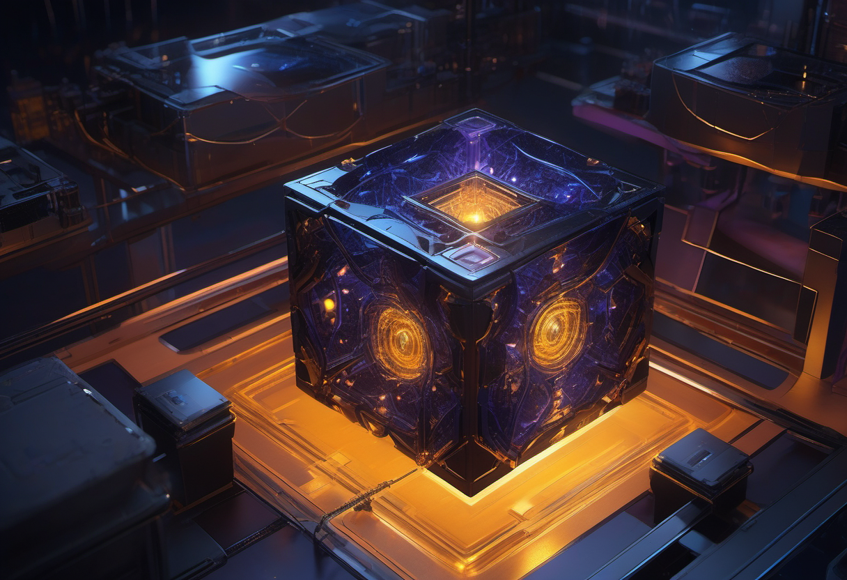 Four compact desk-side compute nodes in a row beneath a large indigo crystal weight cube and two refined amber cubes, particle streams descending into the machines