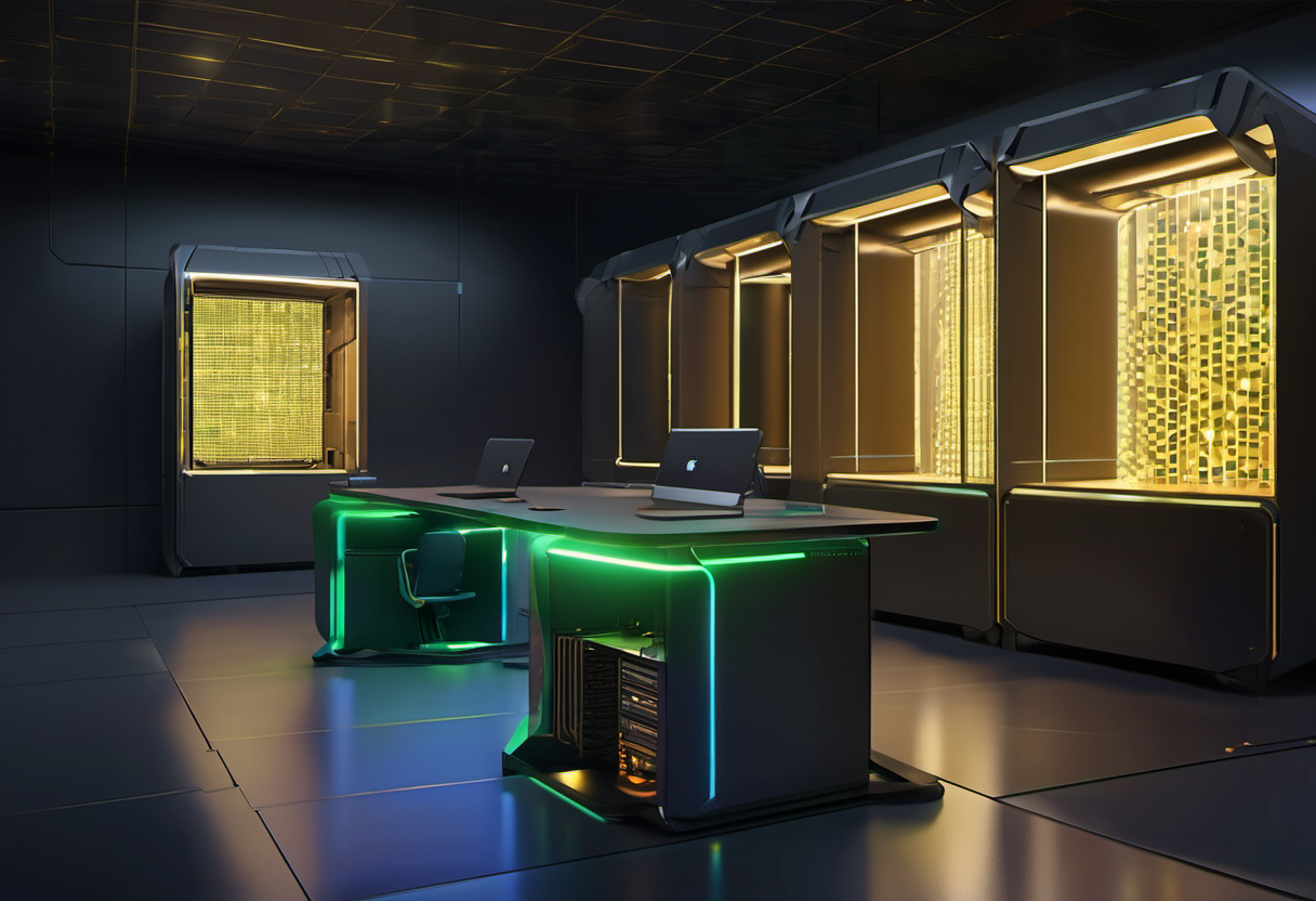 Concept illustration of heterogeneous inference: two compact deskside compute boxes and two tower workstations linked by luminous data strands carrying golden cache blocks across a switch glowing at the center