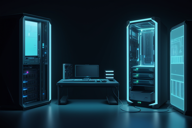 Concept art of a data-center rack and a desk-side AI computer linked by a stream of light