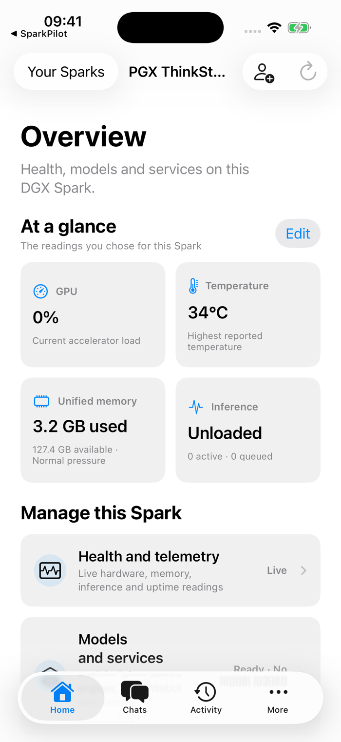 SparkPilot iPhone app overview showing Spark systems, GPU load, temperature and memory telemetry