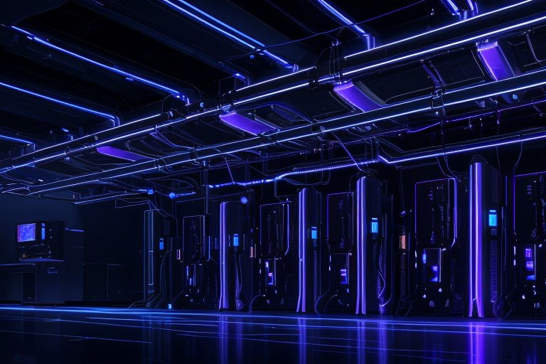 Five connected AI compute nodes linked in a ring by glowing fiber optic cables